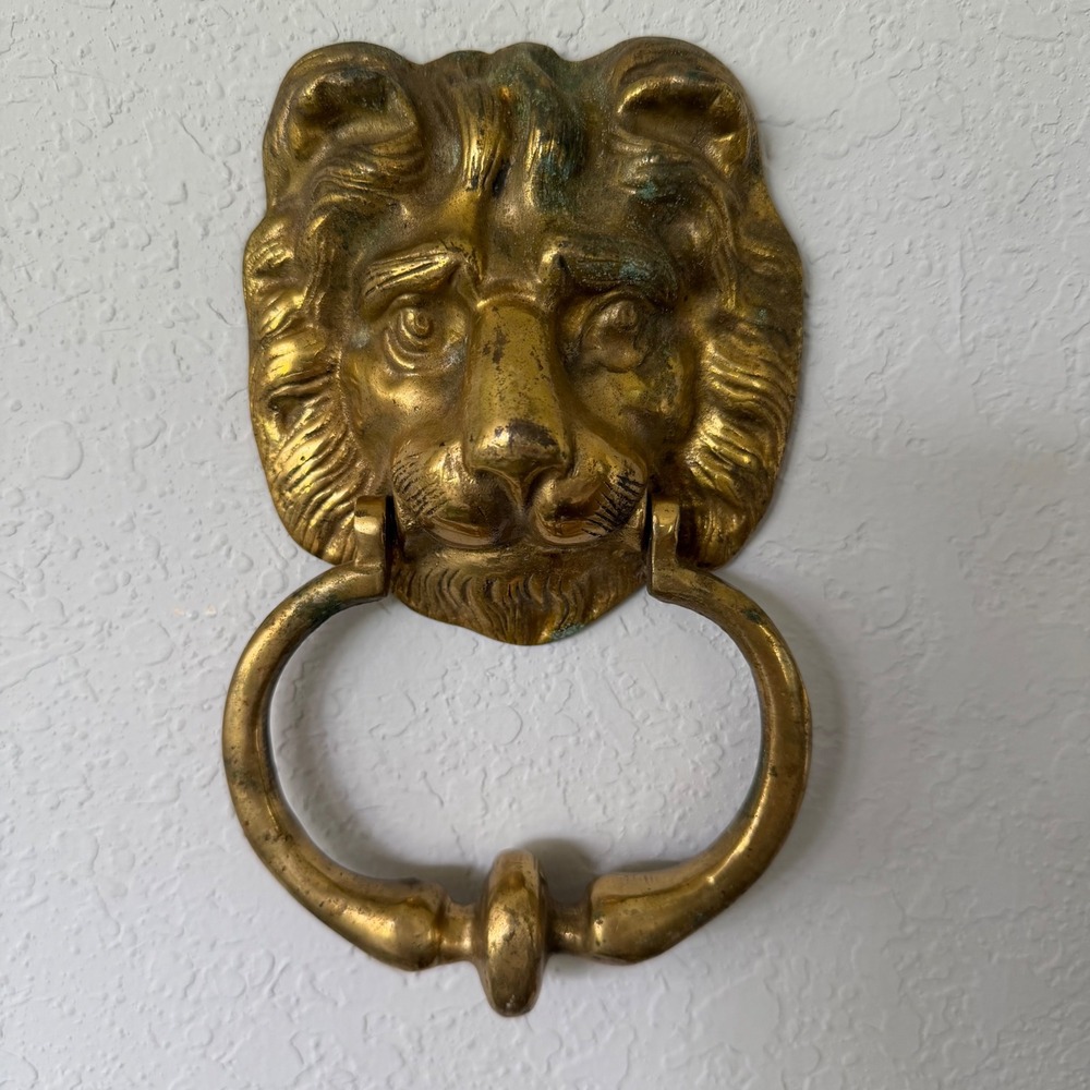 Large Solid Brass Lion Head Door Knocker MCM Vintage Hollywood Regency Patina